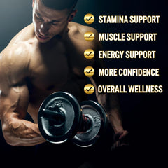 Close-up of men’s supplement bottle label
