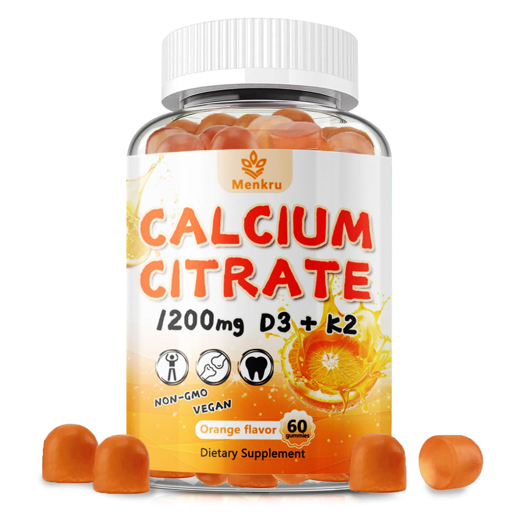 Front label of Menkru Calcium Citrate Gummies bottle showing 1200 mg per serving.