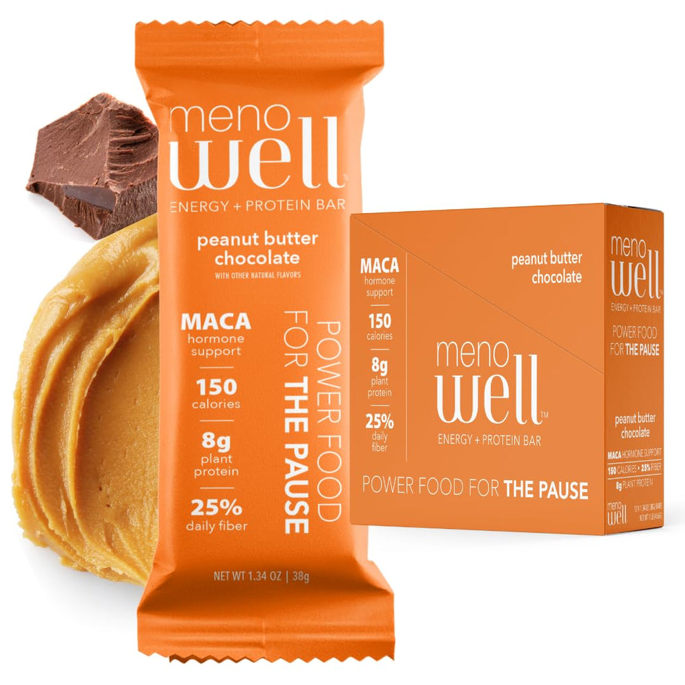 MenoWell peanut butter chocolate bar packaging highlights plant based, low added sugar snack option.