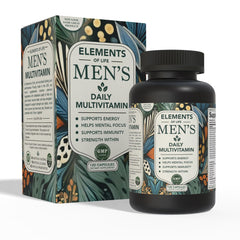 Bottle of vegan gluten-free men's multivitamin with vitamin D, K2 and zinc