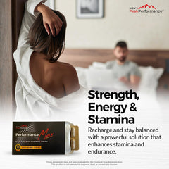MEN'S PeakPerformance ingredients panel highlights Maca, Ashwagandha, and more
