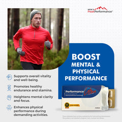 Maca root imagery with MEN'S PeakPerformance signals natural stamina support.