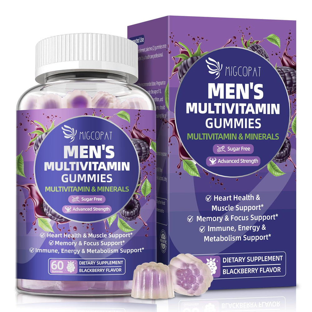 Men's multivitamin gummies bottle with blackberry flavor including omega-3 and probiotics