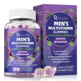 Men's multivitamin gummies bottle with blackberry flavor including omega-3 and probiotics
