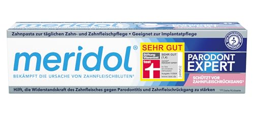 Meridol Parodont Expert toothpaste box and tube on display
