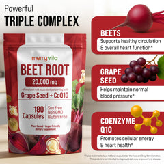 Close-up of MERRY VITA Beet Root Capsules ingredients: beet root, grape seed, CoQ10