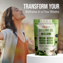 300 softgels bottle and packaging of Merry Vita oregano oil capsules