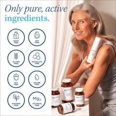 Close-up of key ingredients including Shoden Ashwagandha 35% extract, L-Theanine, and Magnesium Bisglycinate
