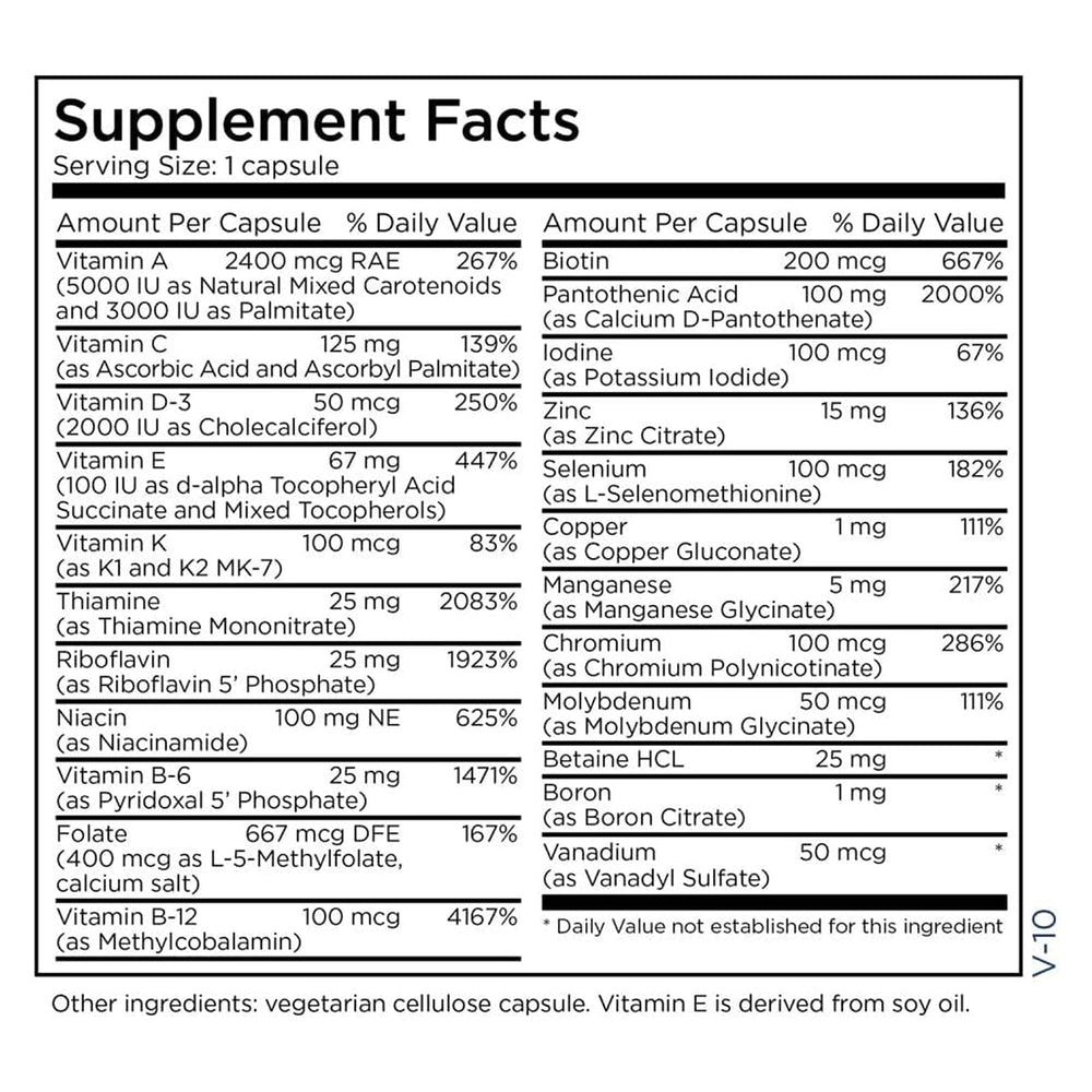 Supplement facts panel of The Big One Plus multivitamin
