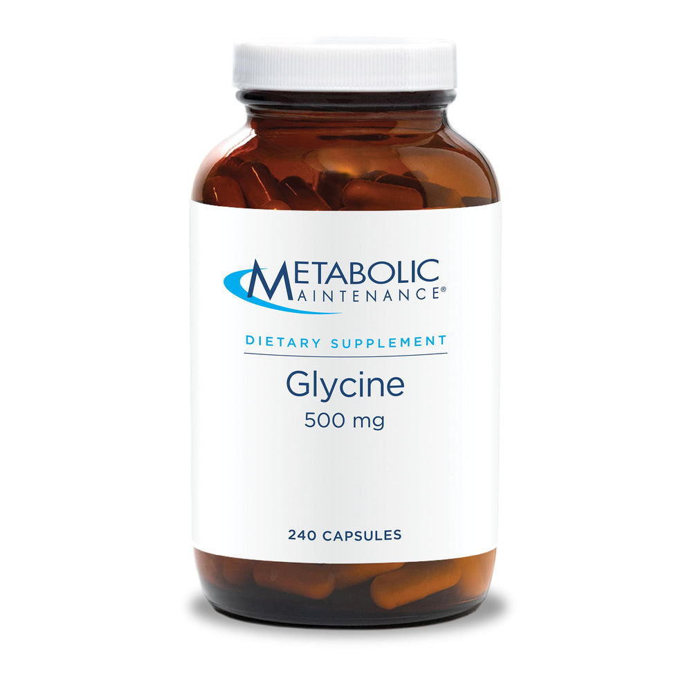Metabolic Maintenance Glycine bottle front demonstrates 500mg liver support and sleep-friendly use