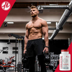 Metabolic Nutrition Creatine on a gym backdrop suggests performance potential
