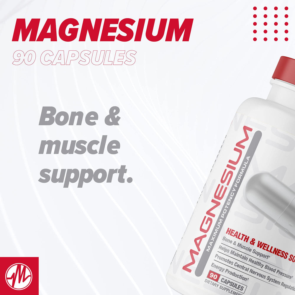Magnesium bottle with cap and capsules nearby