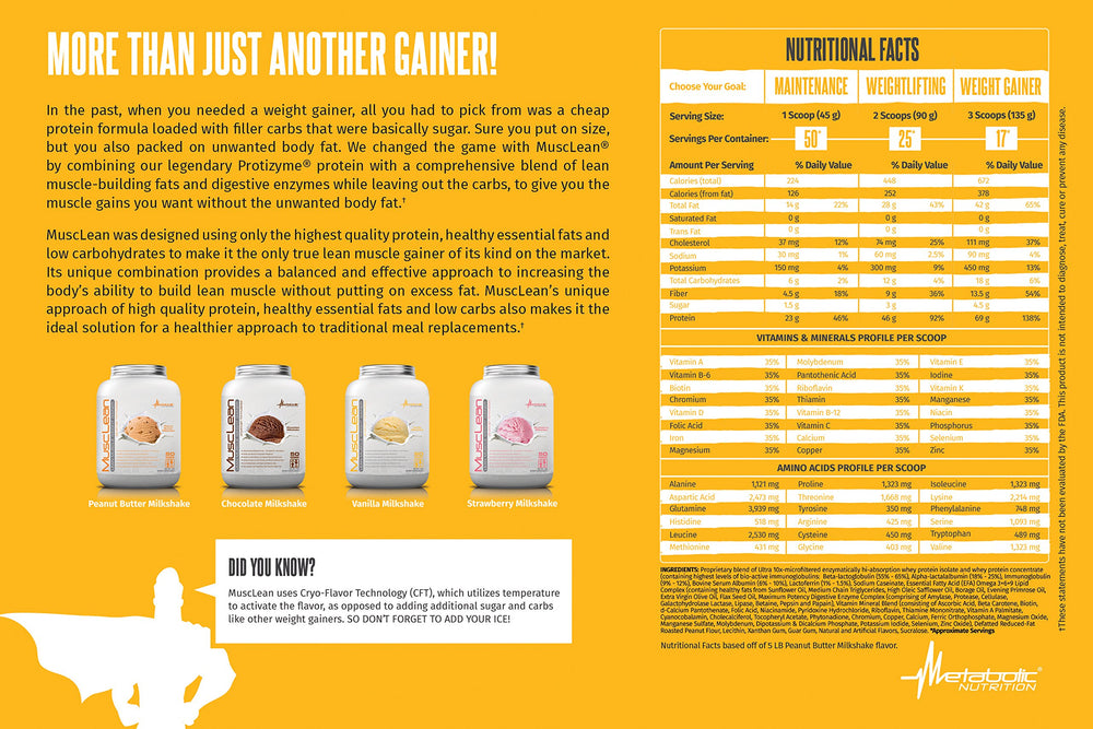 Metabolic Nutrition Musclean ingredient panel highlighting enzymes, vitamins, minerals for balanced nutrition.