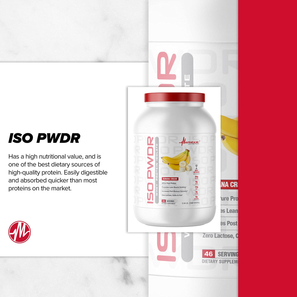 Metabolic Nutrition whey isolate Banana Cream jar sits in kitchen for keto-friendly recipes.