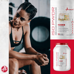 Metabolic Nutrition ISO PWDR Banana Cream protein shake poured into a glass post-exercise.