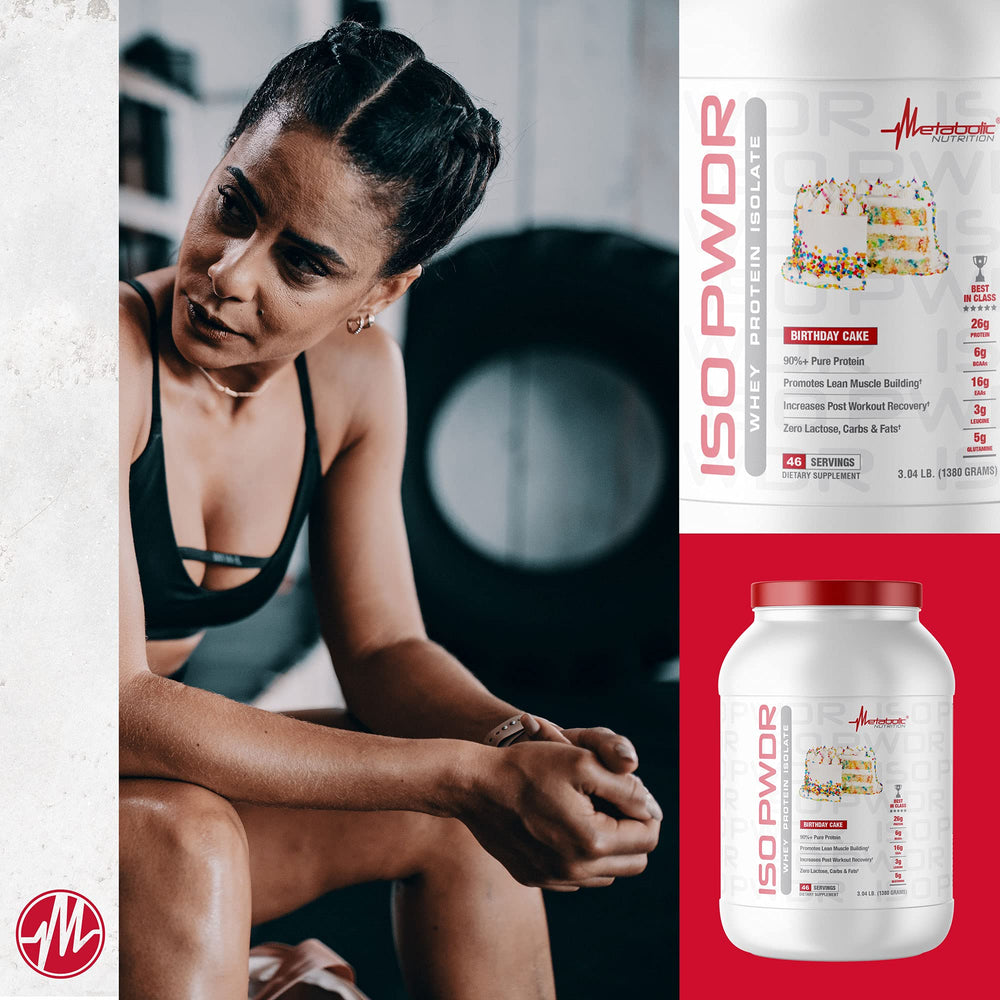 Metabolic Nutrition ISO PWDR Banana Cream protein shake poured into a glass post-exercise.