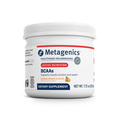 Front view of Metagenics BCAAs Powder Orange Mango in a jar