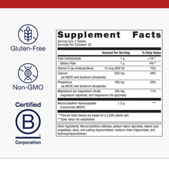 Close-up of ingredients including calcium, vitamin D and chelated magnesium