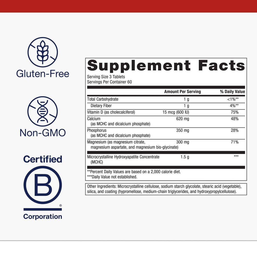 Close-up of supplement tablets showing calcium, vitamin D and magnesium ingredients