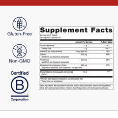Close-up of supplement tablets showing calcium, vitamin D and magnesium ingredients