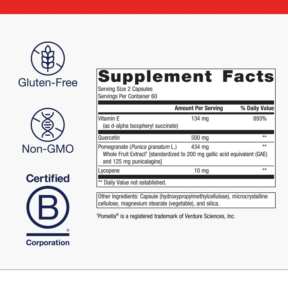 Ingredients: lycopene, pomegranate extract, and quercetin