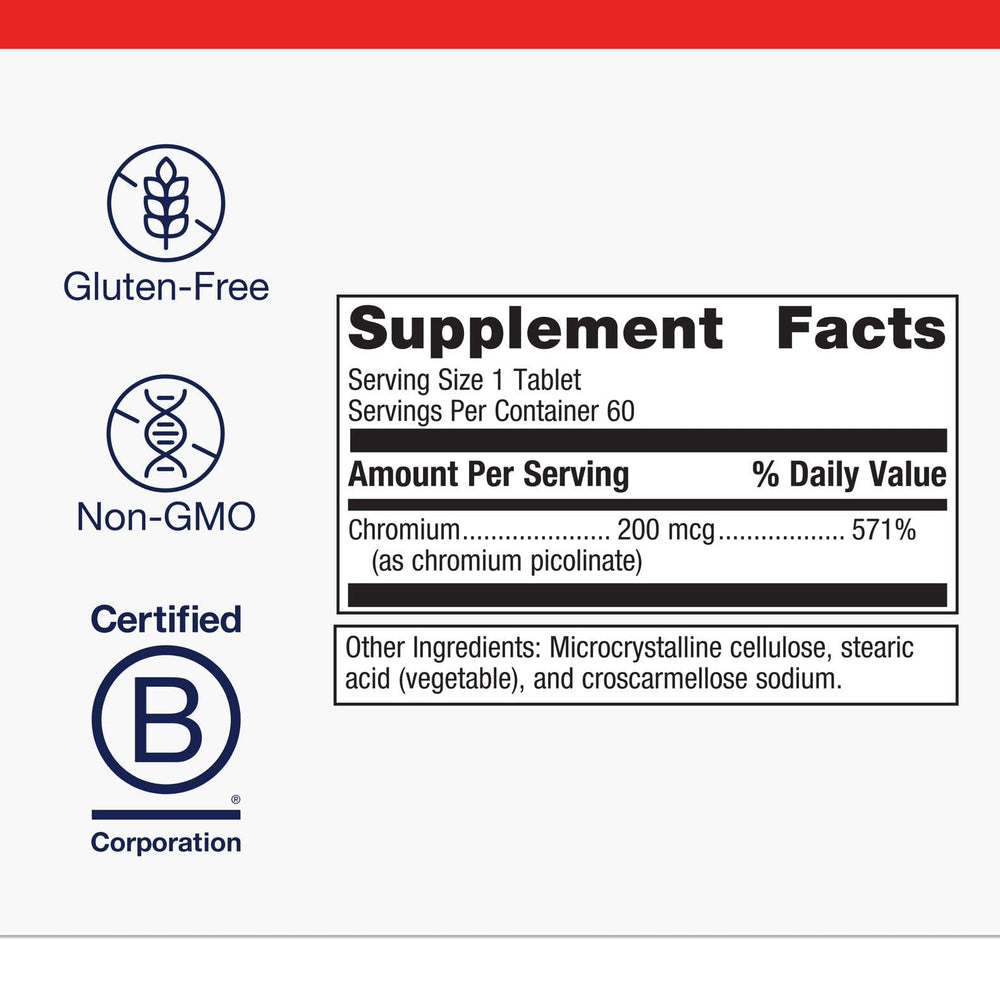 Bottle label highlighting 200 mcg chromium per tablet