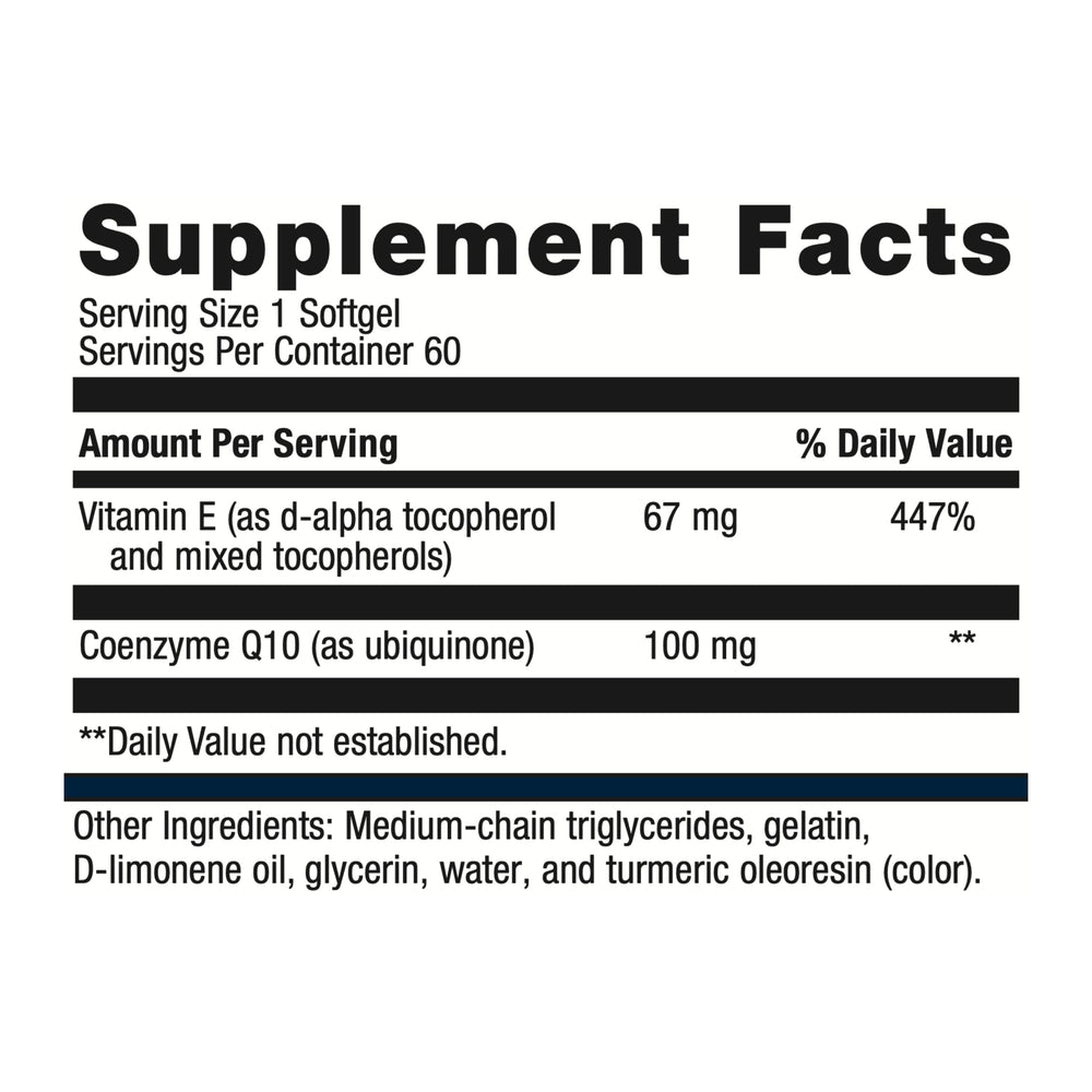 Close-up of Metagenics CoQ10 ST-100-100 mg softgel bottle