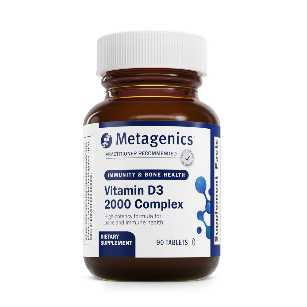 Front view of Metagenics D3 2000 IU Complex bottle