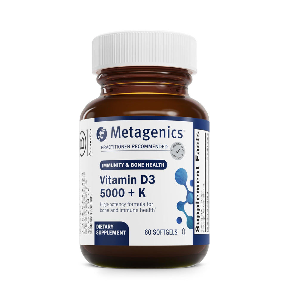 Metagenics D3 and K2 bottle front highlighting bone and immune support.
