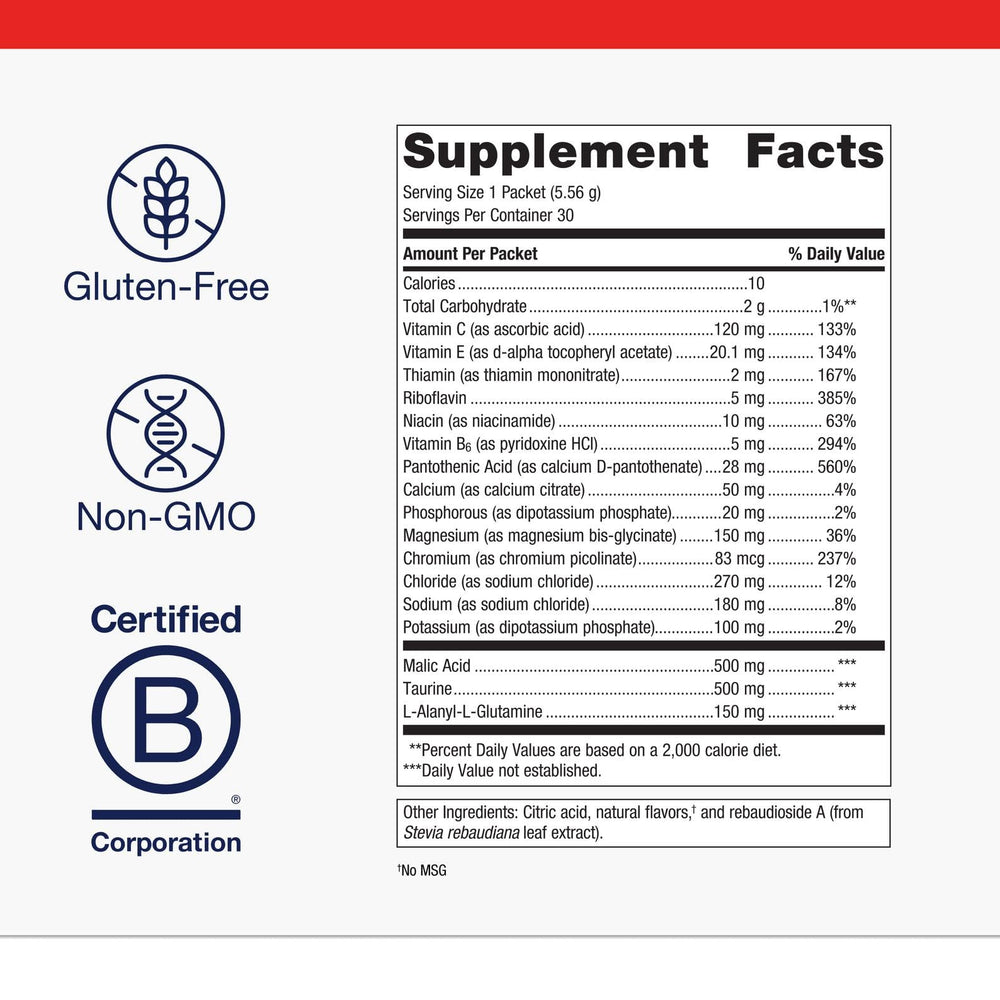 Metagenics Endura lemonade packaging close-up highlighting non-GMO and gluten-free features.