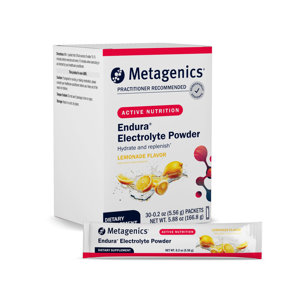 Metagenics Endura lemonade packet front for on-the-go hydration.