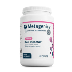 Front view of Metagenics Fem Prenatal Pack bottle and box