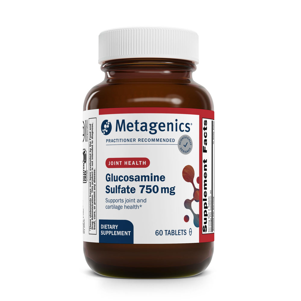Metagenics Glucosamine Sulfate bottle showing 1500 mg per serving and 90 tablets
