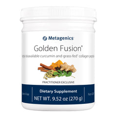 Bottle of Metagenics Golden Fusion CurQfen Curcumin with Grass-Fed Collagen Peptides
