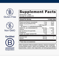 Close-up of supplement facts showing iron, B6, B12, and folate