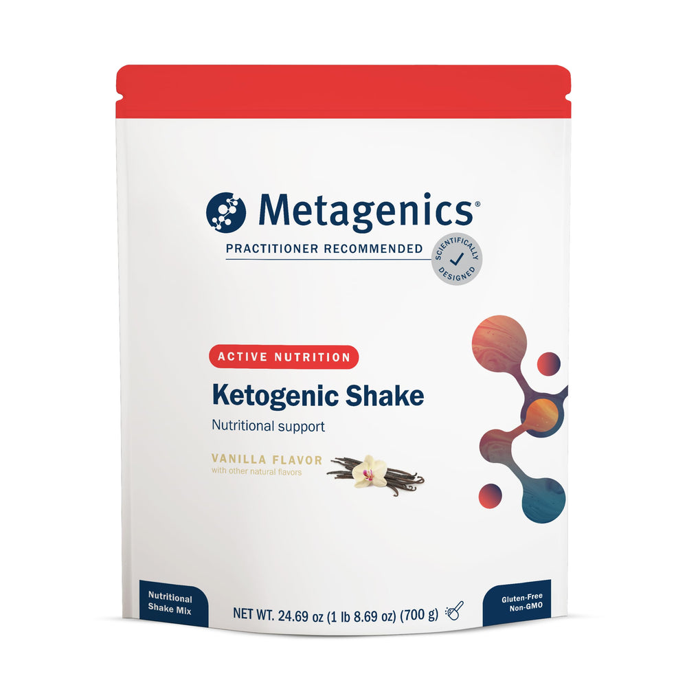 Metagenics Ketogenic Shake packaging highlights keto-friendly meal replacement convenience