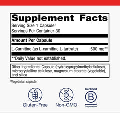 Metagenics L-Carnitine label detail emphasizing 500 mg L-Tartrate for athletic performance.