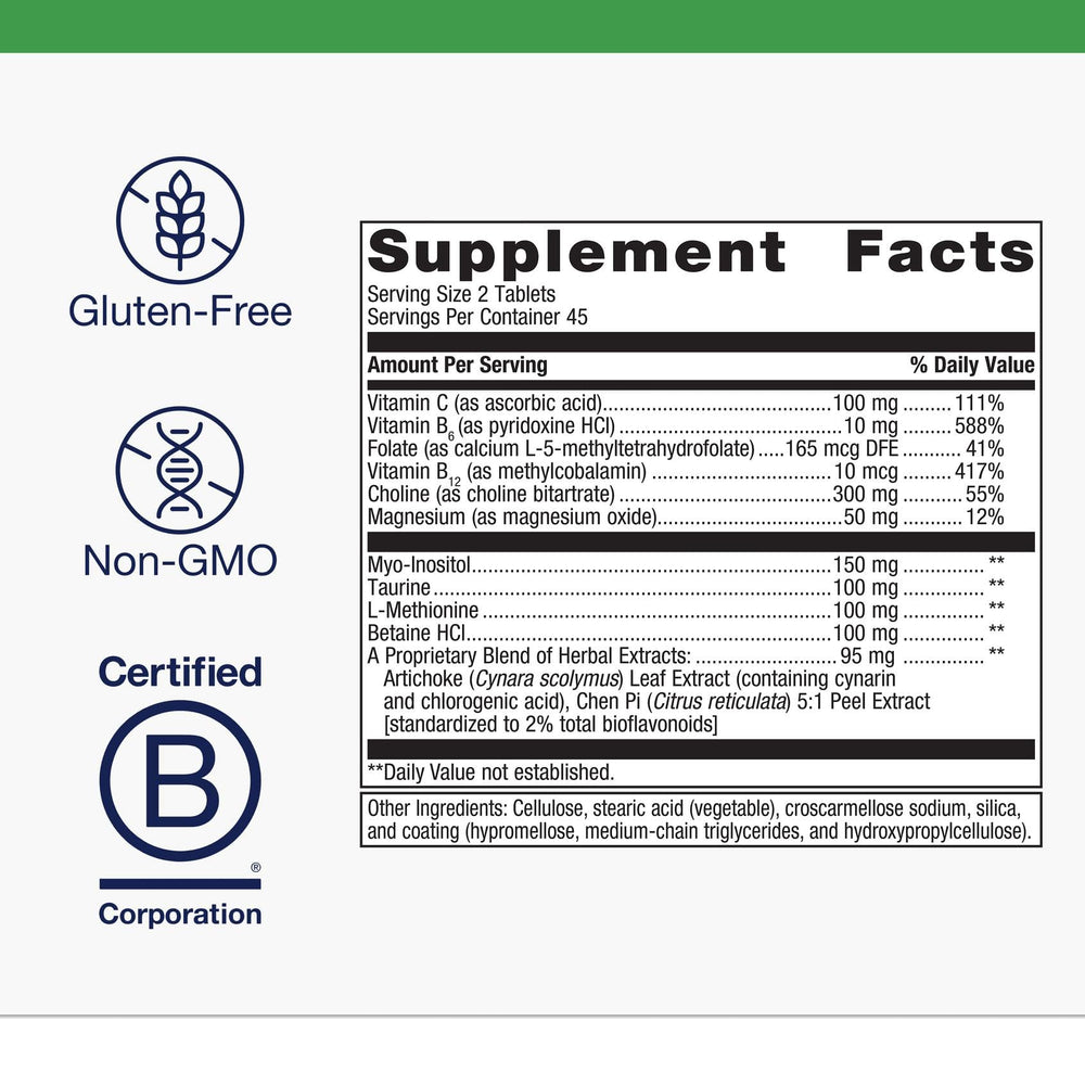 Metagenics Lipo-Gen tablets close-up highlighting B12 and choline for fat metabolism support.