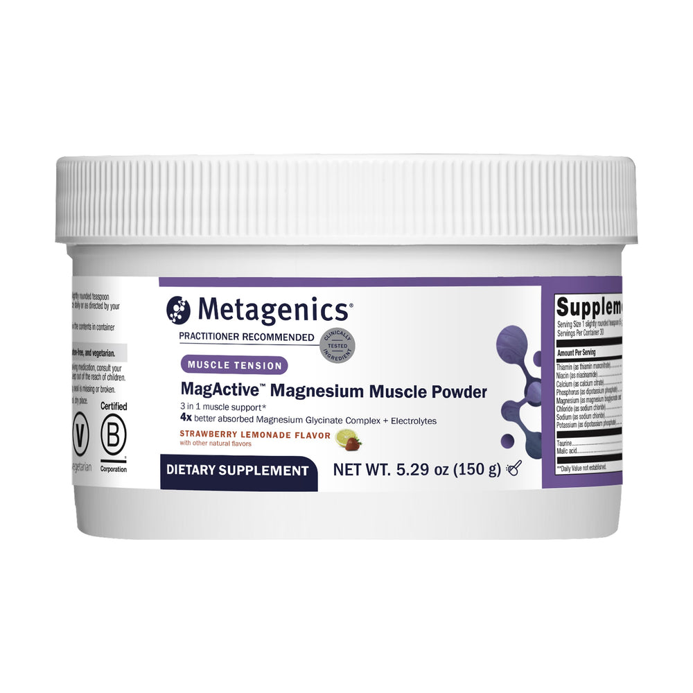 Front packaging of Metagenics MagActive Magnesium Muscle Powder 150 g Strawberry Lemonade