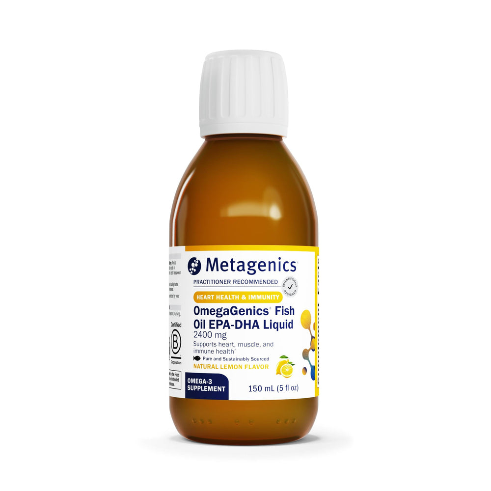 Bottle of Metagenics OmegaGenics EPA-DHA 2400 mg lemon flavor