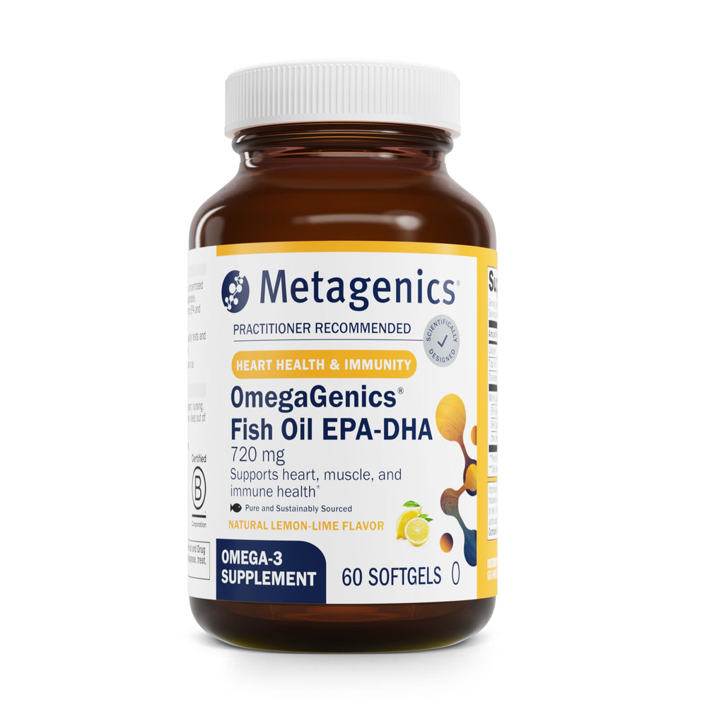 Bottle of Metagenics OmegaGenics Fish Oil 720 mg 60 softgels front view