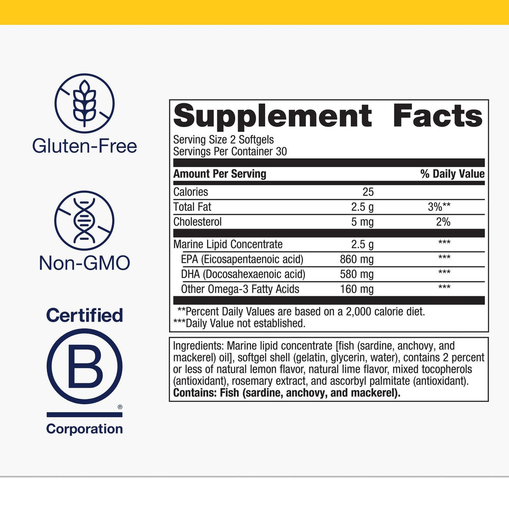 Close-up of EPA DHA 720 mg label on Metagenics OmegaGenics Fish Oil bottle
