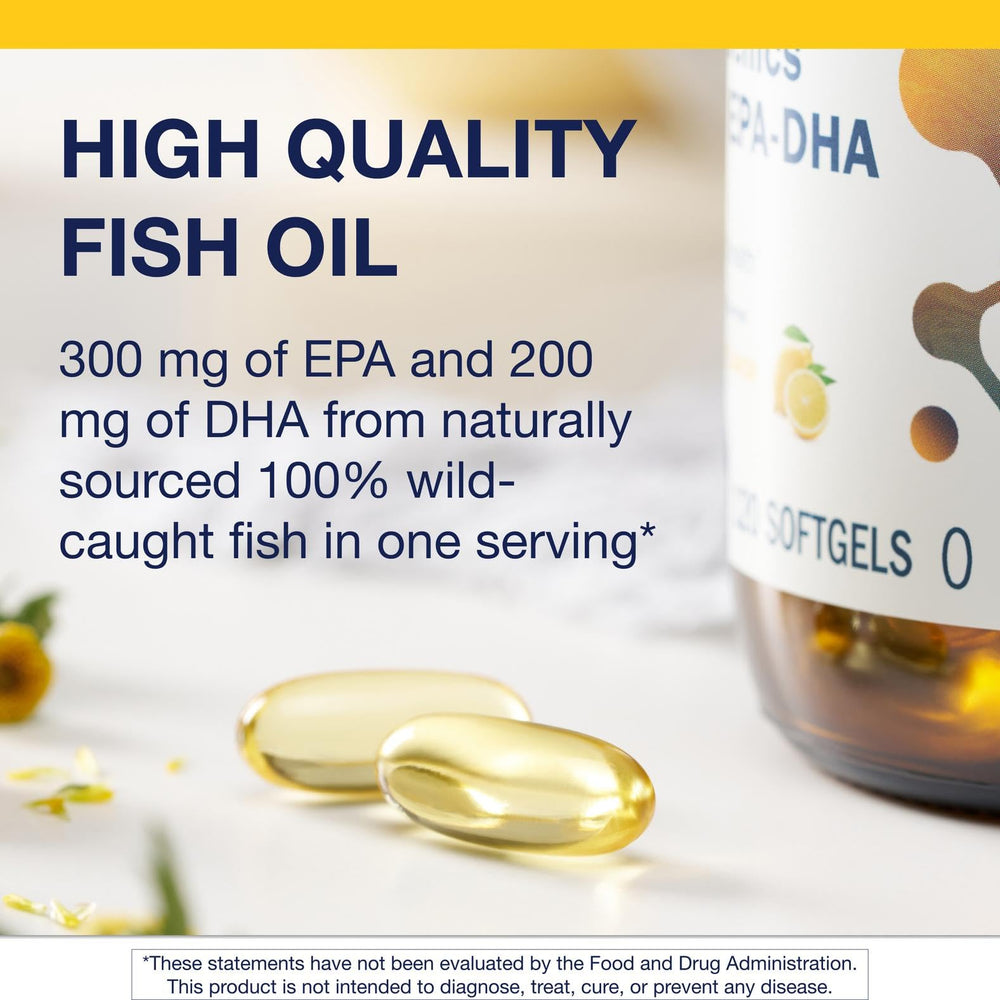 Metagenics OmegaGenics EPA-DHA 500 closeup emphasizes easy swallowing softgels