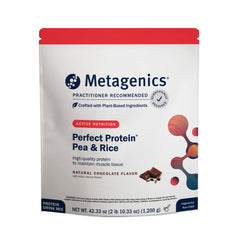 Metagenics Perfect Protein Pea & Rice chocolate tub showing 20 g protein per serving for daily recovery