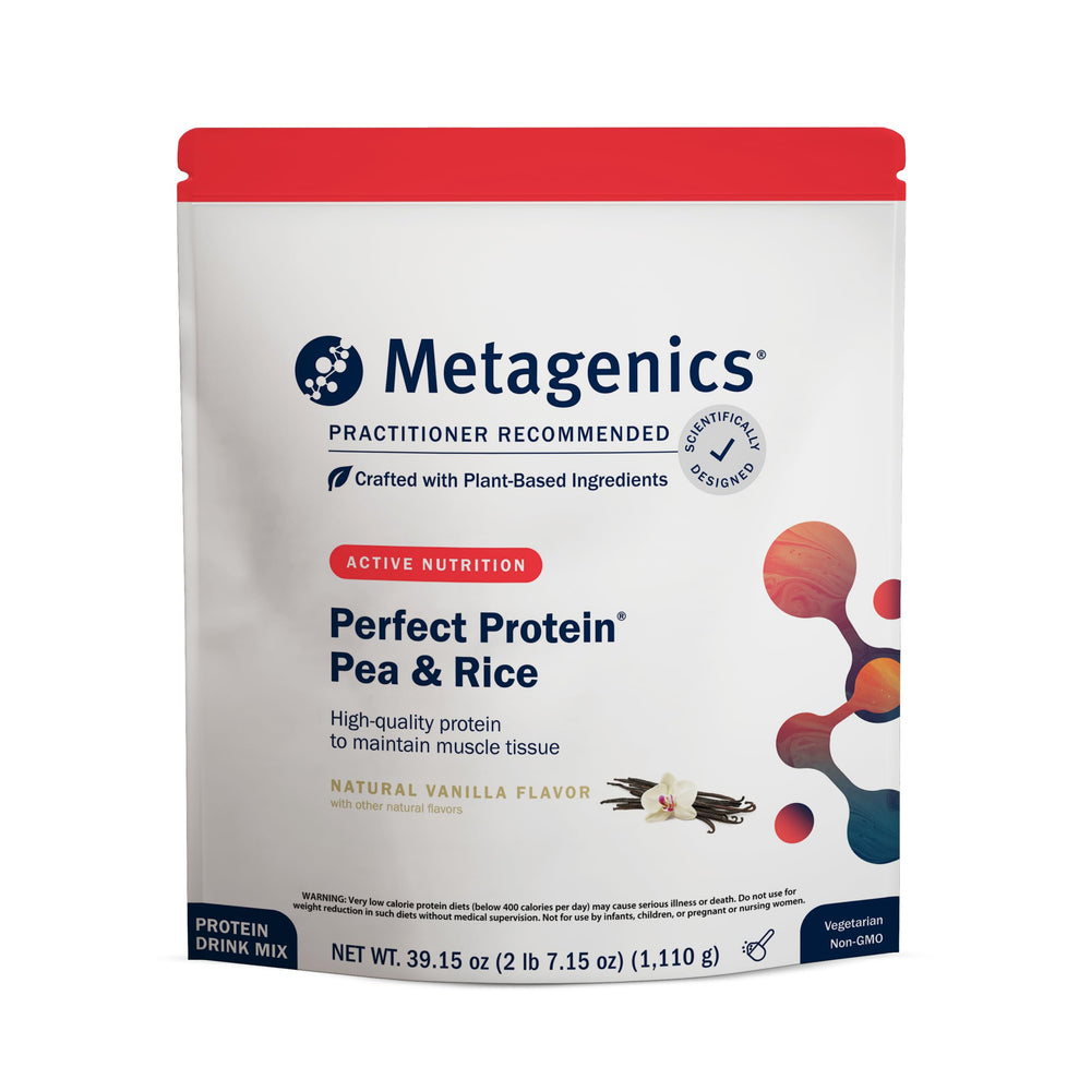 Metagenics Perfect Protein Pea and Rice vanilla bottle for smooth post-workout recovery