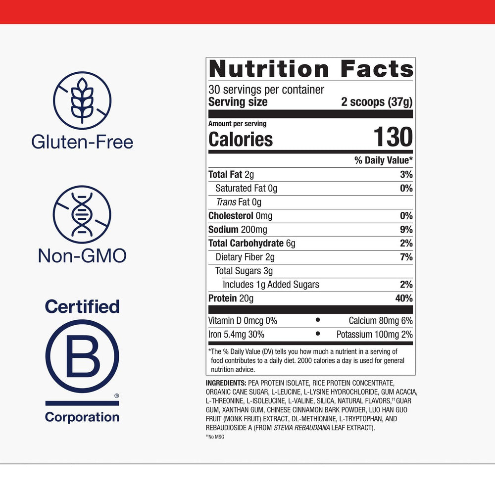Metagenics Perfect Protein Pea and Rice vanilla shake glass shows 20g protein per serving