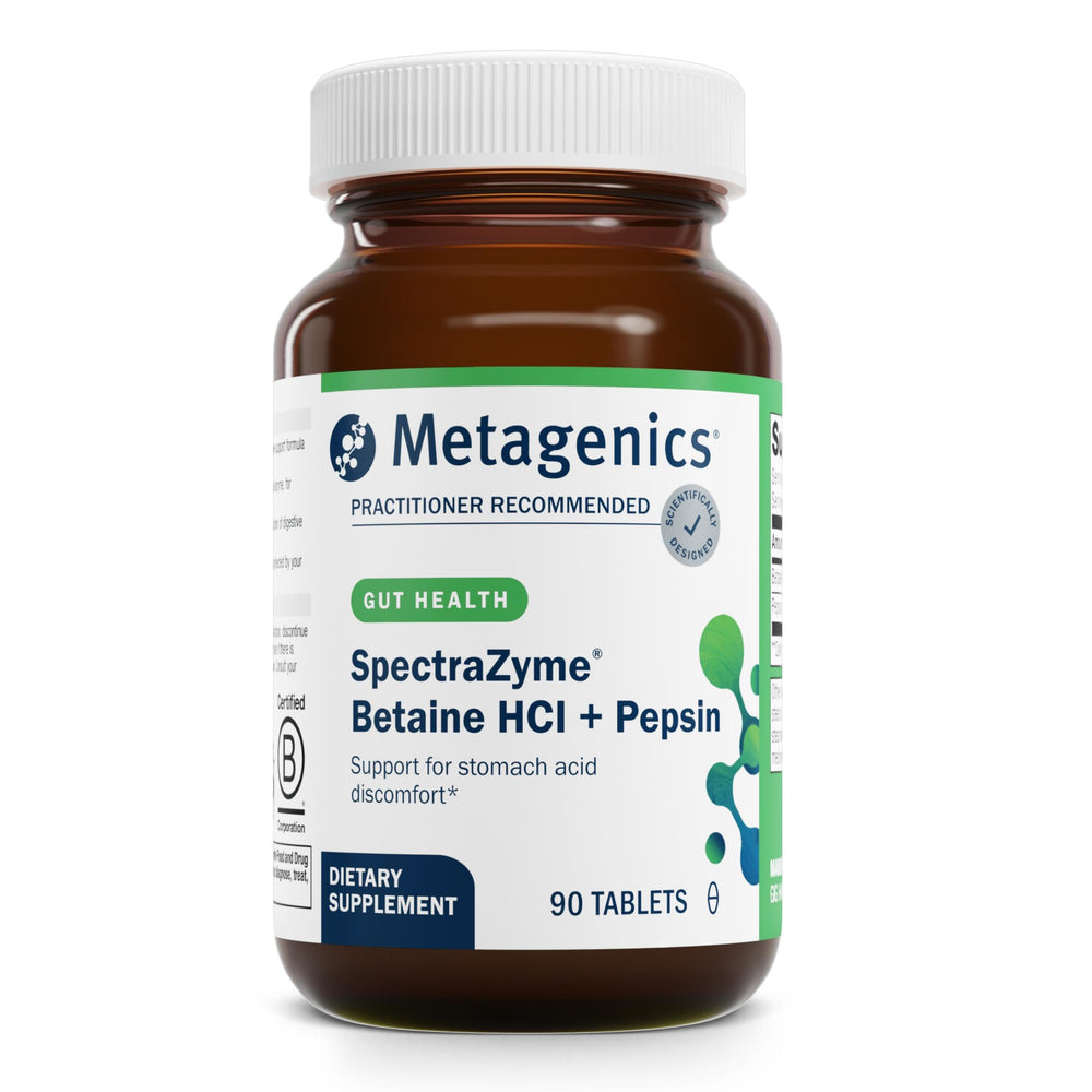 Bottle of Metagenics SpectraZyme Betaine HCI + Pepsin, 90 tablets