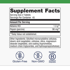 Close-up of Betaine HCI and Pepsin ingredients on the label