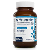 Metagenics Testralin bottle with capsules illustrating daily hormone support for men 40+