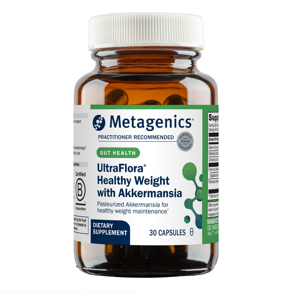 Metagenics UltraFlora Healthy Weight bottle for convenient daily use and gut-friendly support.